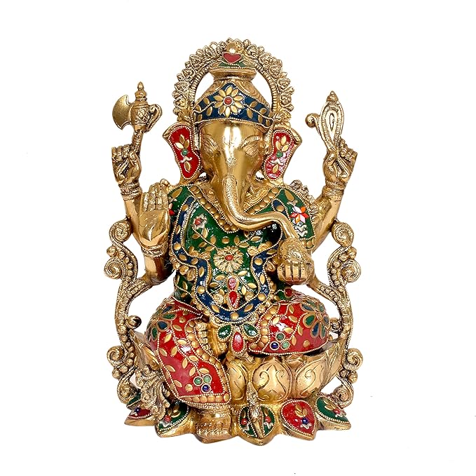 Brass Ganesha Ganpati Mangalkari On Lotus Statue Idol for Temple Diwali | Height : 12 Inches