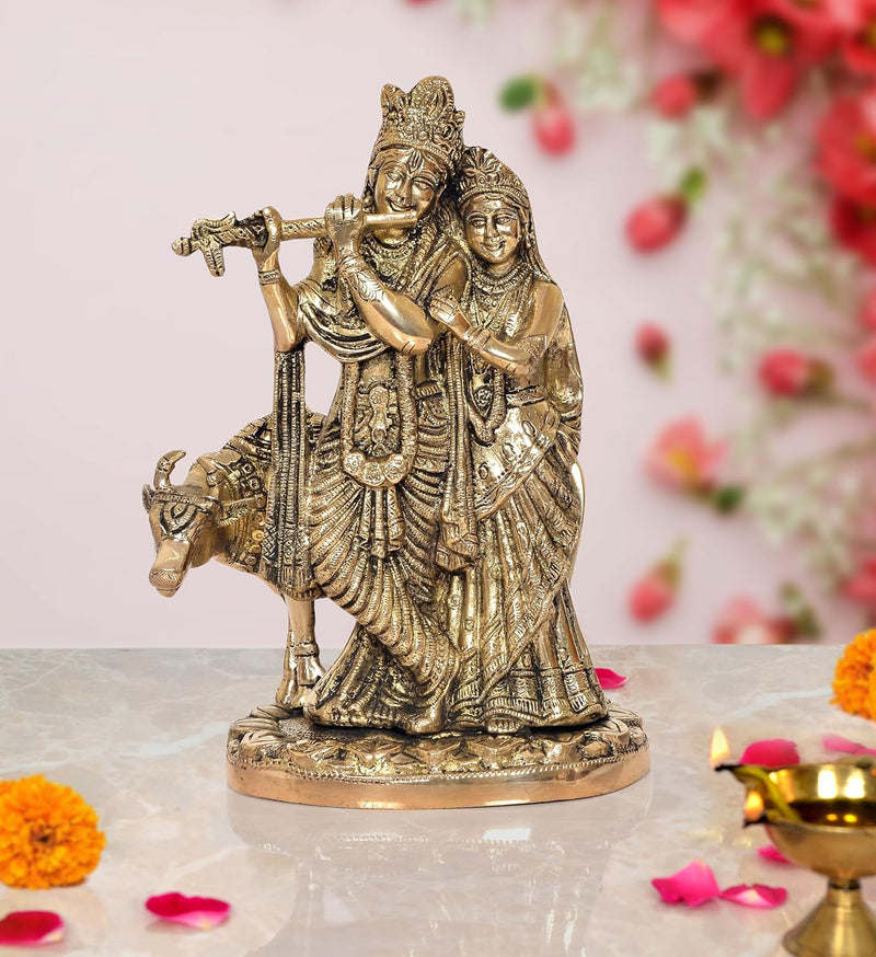 Brass Radha Krishna with Cow Idol Statue for Home Decor and Pooja Mandir Office Decor (Height 9.5 Inch)