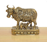 Kamdhenu cow murti with calf god figure on detailed circular pedestal