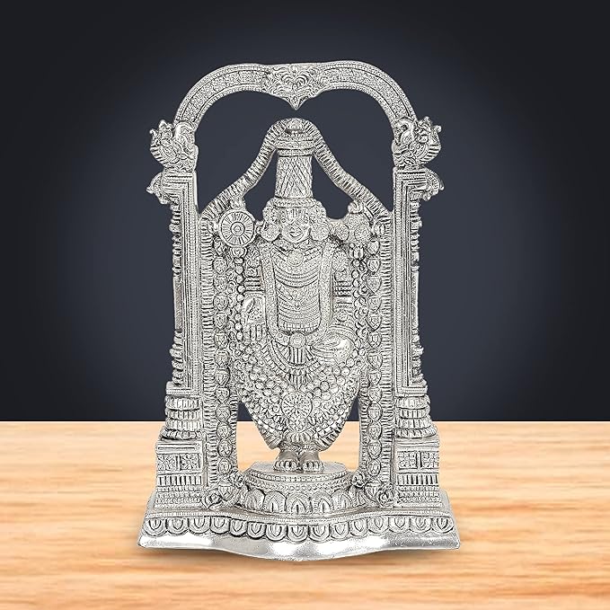 Silver Tirupati Balaji idol with ornate arch, detailed jewelry and headpiece, 8 inch