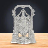 Silver Tirupati Balaji idol with ornate arch, detailed jewelry and headpiece, 8 inch