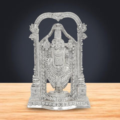 Silver Tirupati Balaji idol with ornate arch, detailed jewelry and headpiece, 8 inch