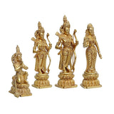 Brass Ram Darbar idols from side angle, four standing figures with raised weapons, 12-inch