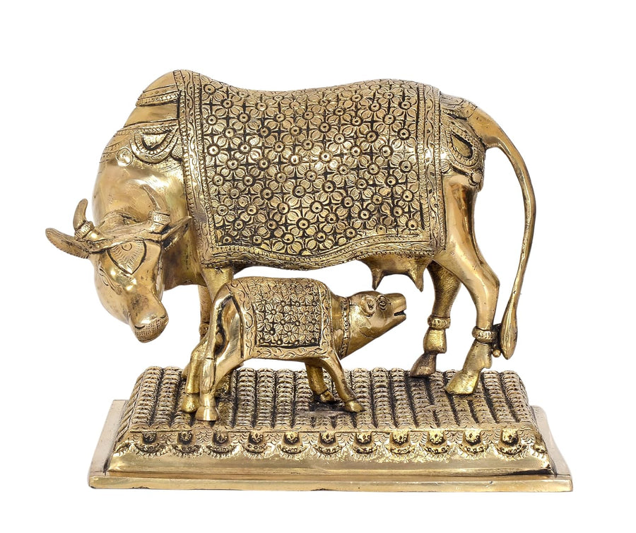 Brass Kamdhenu Cow with Calf for Home Decor Pooja Mandir Pooja Temple Office Decorative Showpiece Statue (Height: 8 Inch) Craft Detail