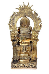 Gold brass Ganesha murti, rear view inside arched halo with ribbed hair