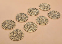Set of 8 brass Ashtalakshmi wall hangings, oval relief plaques arranged in a cluster