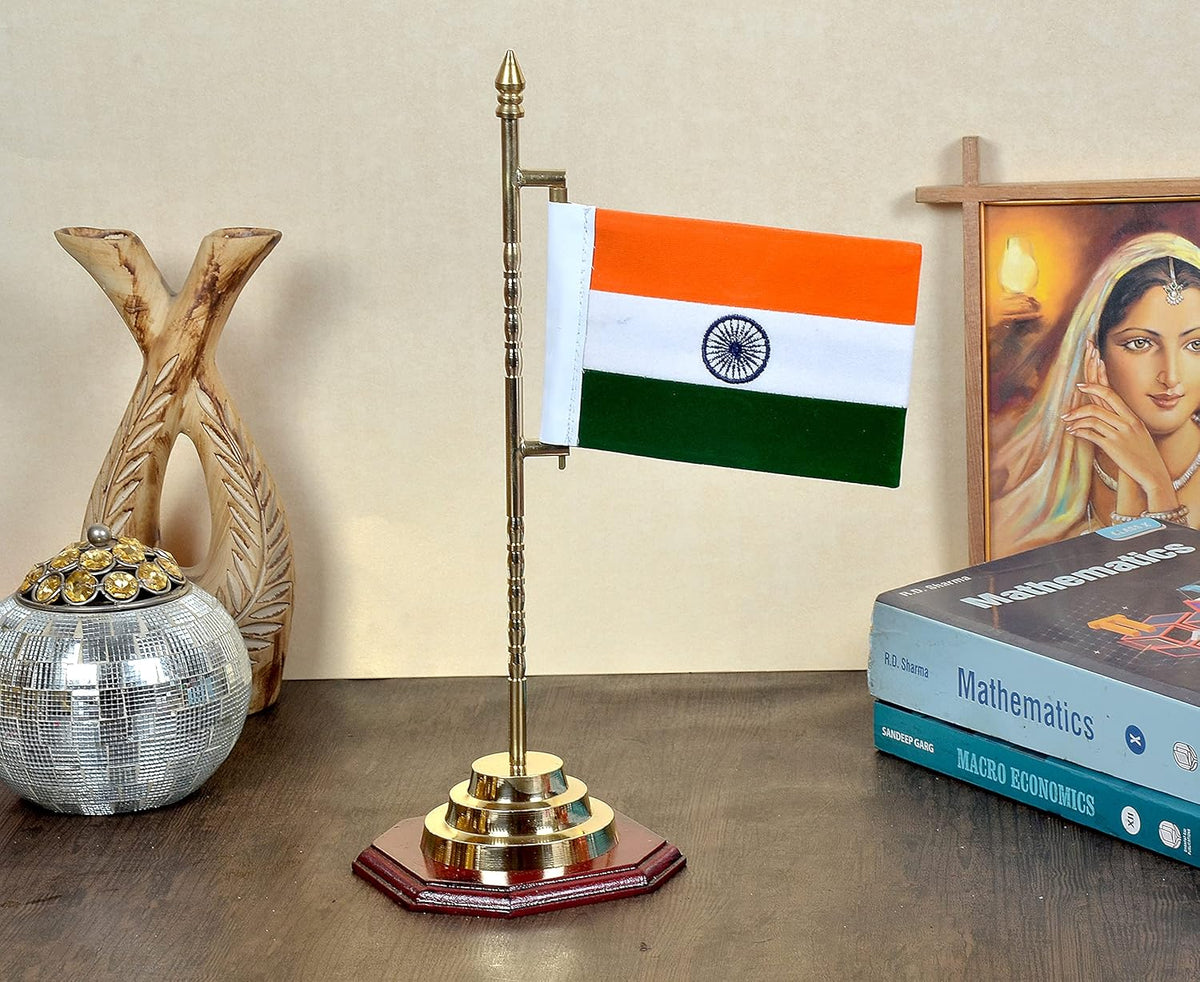 Brass Indian flag tabletop stand, 14 in tall, gold base, tricolor flag