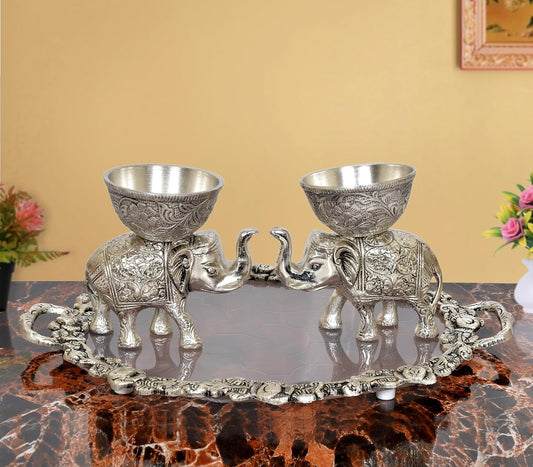 Metal Elephant Dry Fruit Bowl with Tray Silver Polish for Home Decor Room Table & Gift Diwali,Raksha Bandhan (Height: 5 inch)