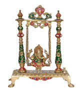 Brass Ganesha swing idol with green and red enamel, chains, four pillars