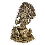 Brass Lord Shiva Dakshinamurthy statue, seated figure with tree crown, 7 in