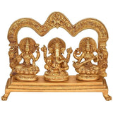 Brass handmade Hindu idol set of 3—Lakshmi, Ganesha, Saraswati seated on base