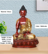 Brass multi-color Buddha statue, seated posture with red-and-gold finish, 18 inch height