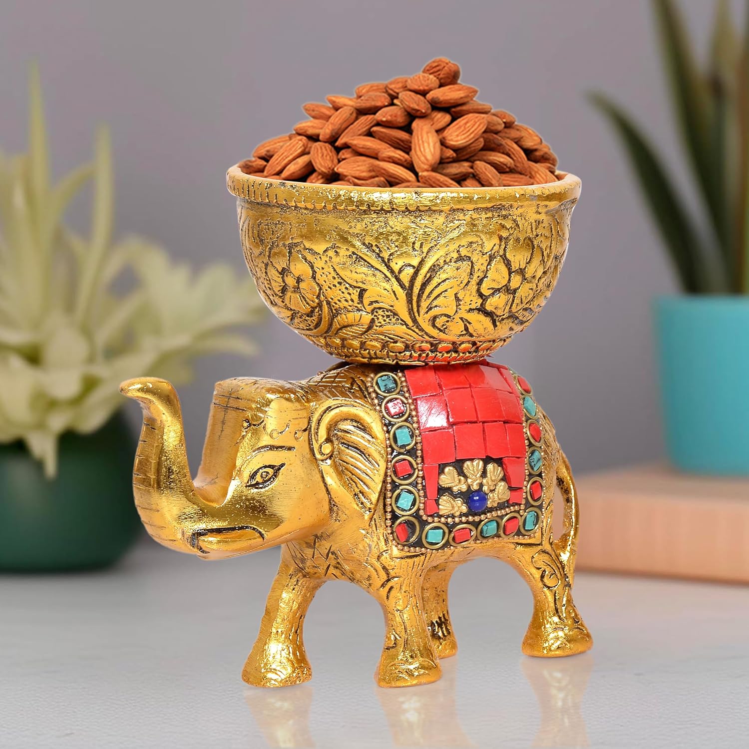 Metal Elephant Dry Fruit Bowl Showpiece Gold Polish for Home Decor Room Table & Gift Diwali,Raksha Bandhan (Height 5 Inch) (Elephant Red Multicolor)