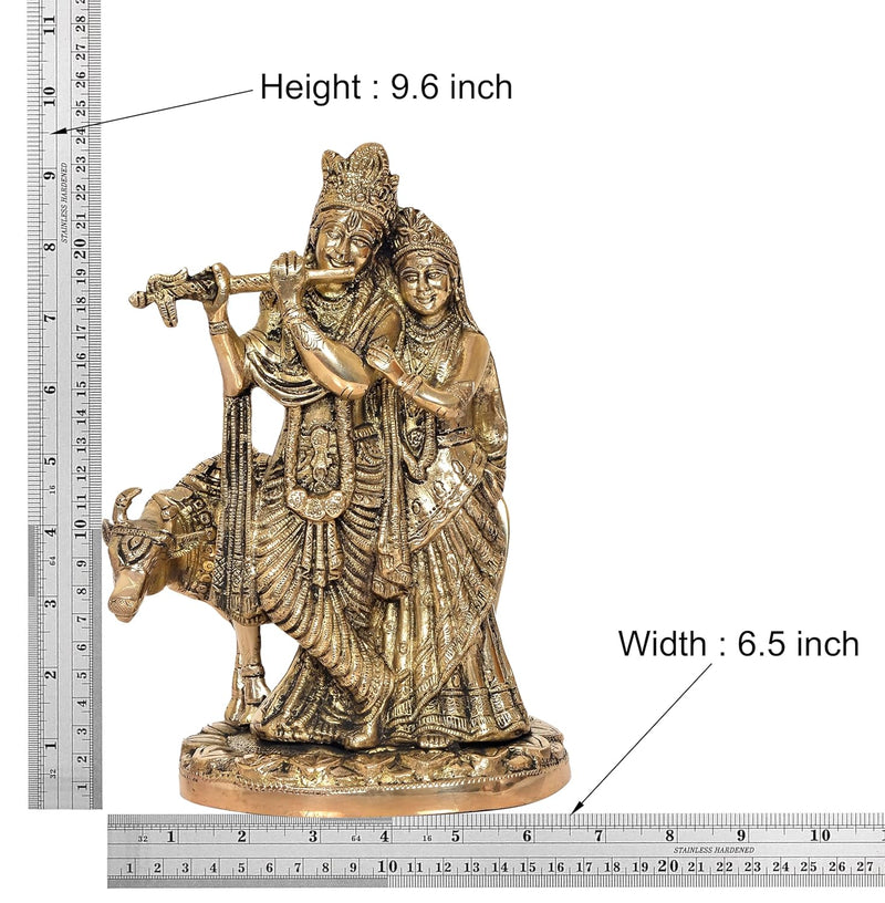 Brass Radha Krishna with Cow Idol Statue for Home Decor and Pooja Mandir Office Decor (Height 9.5 Inch)