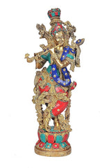 Brass Krishna idol, full-body view with crown, flute hand and jeweled attire