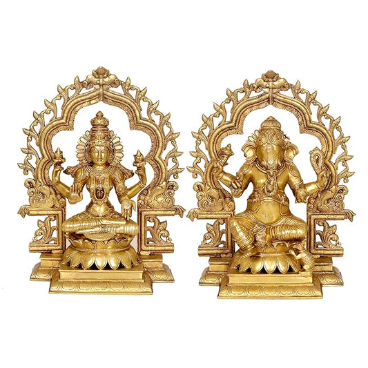 Brass Lakshmi Ganesha Statue with Frame On Lotus Base Idol for Home Decor | Height : 16 Inches (Pair of Lakshmi Ganesh Statue, 2)