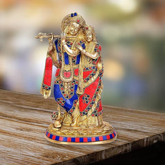 Brass Radha Krishna idol, 12-inch height, colorful jeweled attire