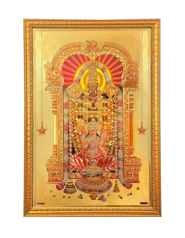 Tirupati Balaji With Lakshmi Foil Poster with Frame Wall Decor Length 20 Inch X Width 14 Inch, Multi Entryway Setting