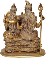 Brass Shiva Parivar figurine with long hair detailing and trident-holding arms, 12 inch.