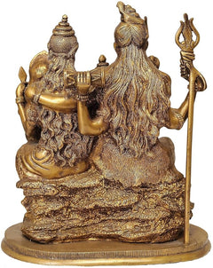 Brass Shiva Parivar figurine with long hair detailing and trident-holding arms, 12 inch.