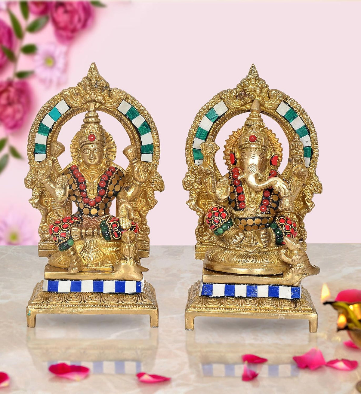 AONA brass Lakshmi-Ganesh idol, seated goddess holding ornaments, blue stripe base