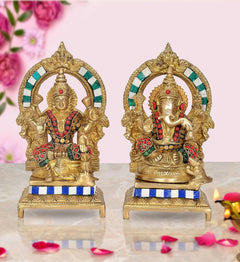 AONA brass Lakshmi-Ganesh idol, seated goddess holding ornaments, blue stripe base