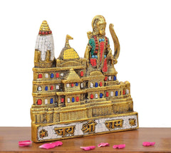 Angled Ram Mandir metal model with golden deity figure and decorated front base