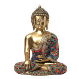 Brass Buddha figurine in meditation pose, colorful patterned robe, 12.5 in tall