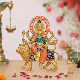 Estatua colorida de Durga de latón con león, figura entronizada, altura 14 pulgadas