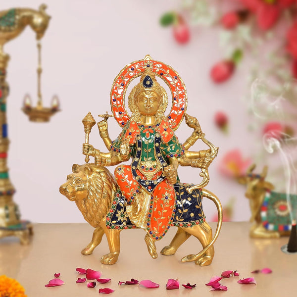 Brass Durga Maa with Lion Statue (Height: 14 Inch)