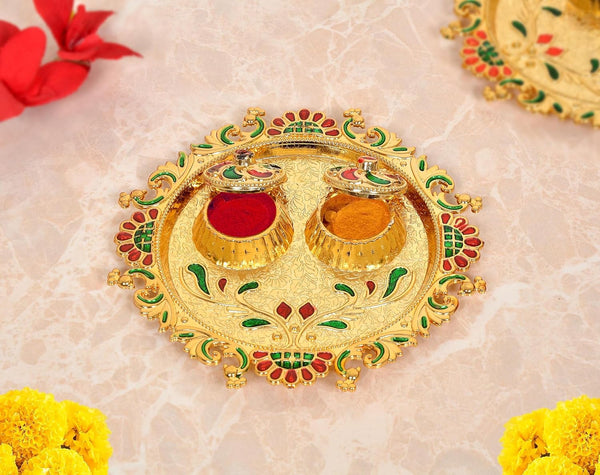 Decorative Design Gold Plated Plastic Haldi Kumkum Holder Pooja Thali and 2 Bowl For Rakhi Diwali Wedding Gifts Tilak Plate (Width 5.5 Inch) (Multicolor Pooja Thali)