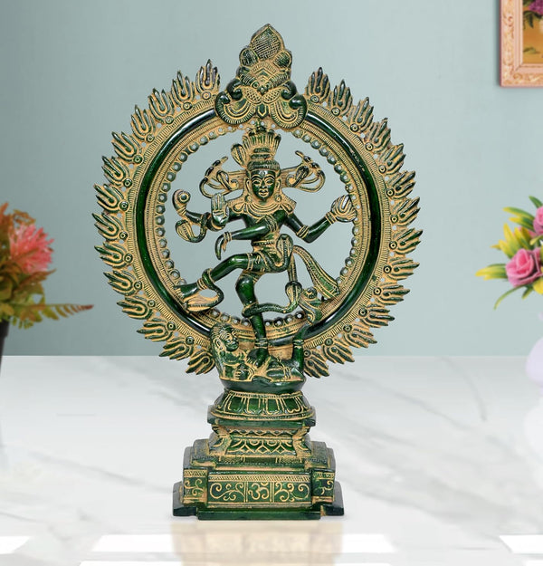 Brass Natraj Lord Shiva Dancing Natraj Brass Idol Statues for Home Decor and Ofice Multicolor (Height: 15.5 inch) (Green and Golden)