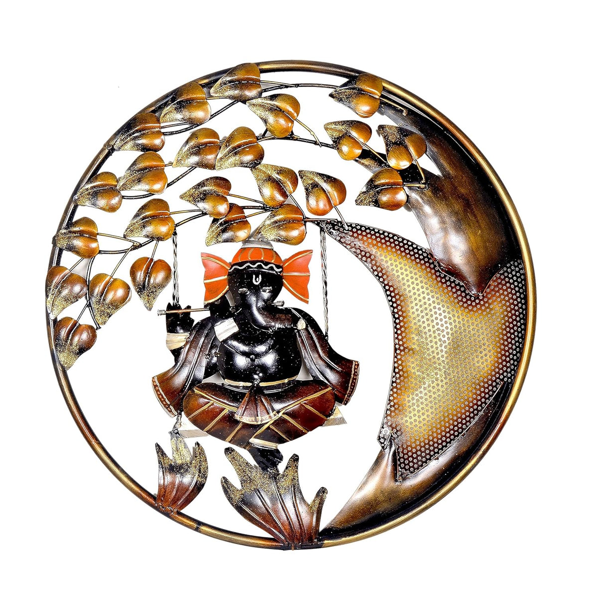 Round iron wall hanging of Ganesha on swing playing flute, golden-brown metal detailing