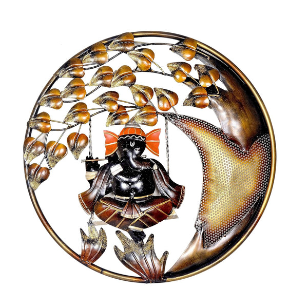 Iron Ganeshji on swing playing flute Wall Hanging (20 inch diameter) Mandir Setting