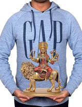 Hoodie with printed Sherawali Mata resin murti on lion, person holding the base