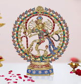 Brass Natraj statue with circular halo, multicolor stone inlay and gemstone detailing