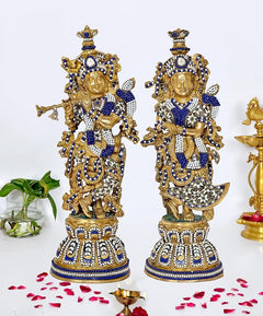 Brass Radha Krishna idol, standing pose, blue & gold jeweled detailing, 19 in
