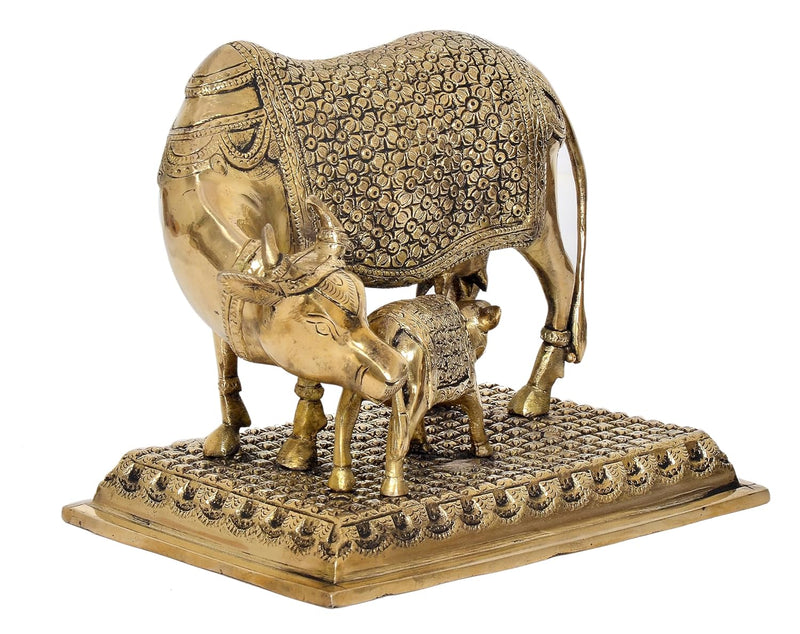 Brass Kamdhenu Cow with Calf for Home Decor Pooja Mandir Pooja Temple Office Decorative Showpiece Statue (Height: 8 Inch)