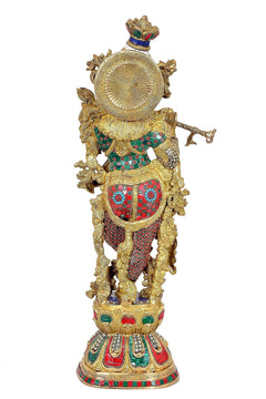 Radha Krishna brass statue rear view with halo design and jeweled outfit; 29 in