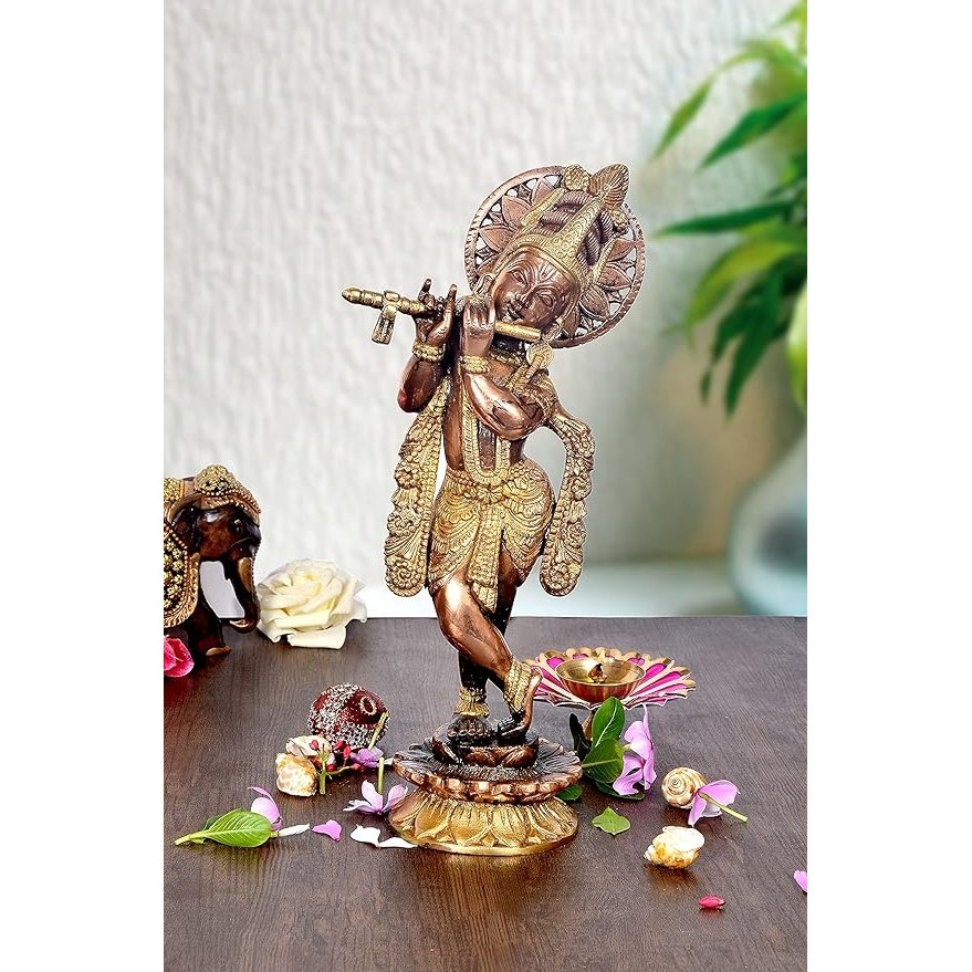 Brass Lord Krishna Idol Krishna Playing with Flutes Religious Statue Height 12 Inch