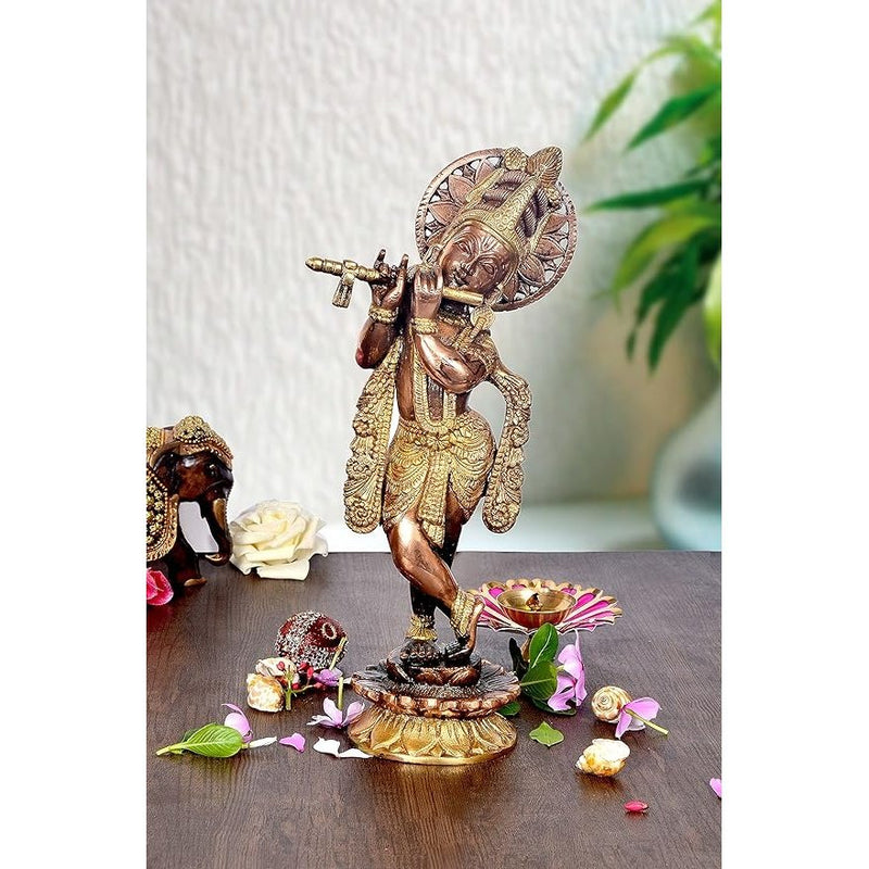 Brass Lord Krishna Idol Krishna Playing with Flutes Religious Statue Height 12 Inch