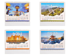 Four country-themed 2027 desk calendar cards: Singapore, Vietnam, Dubai, and Japan