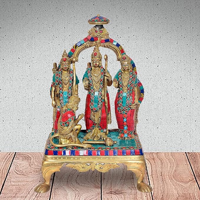 Brass Ram Darbar idol statue in multicolour with eye-work, three figures