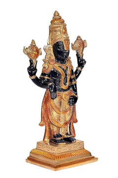 Three-quarter view brass Balaji figurine, gold headdress and arm ornaments on base