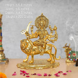 Durga Maa golden metal idol seated on a lion, trident and raised hands, 10-inch
