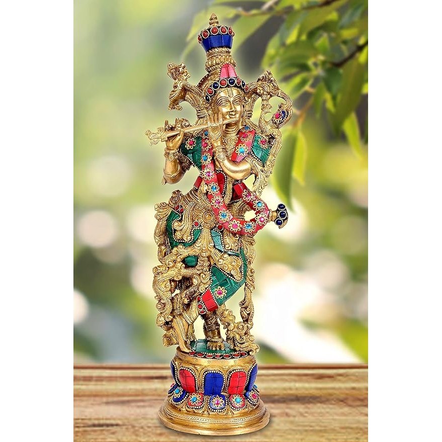 Brass Lord Krishna idol, 14 inch, multi-armed figure with painted crown and ornaments