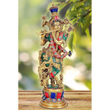 Brass Lord Krishna idol, 14 inch, multi-armed figure with painted crown and ornaments