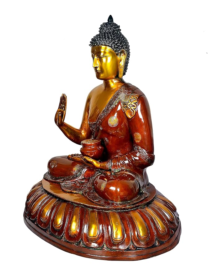 Brass Sitting Buddha Idol Figurine Sculpture Buddhist Showpiece Multicolour Height 29 Inches