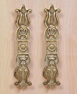 Brass floral door pull handles pair with carved motifs and round medallion details