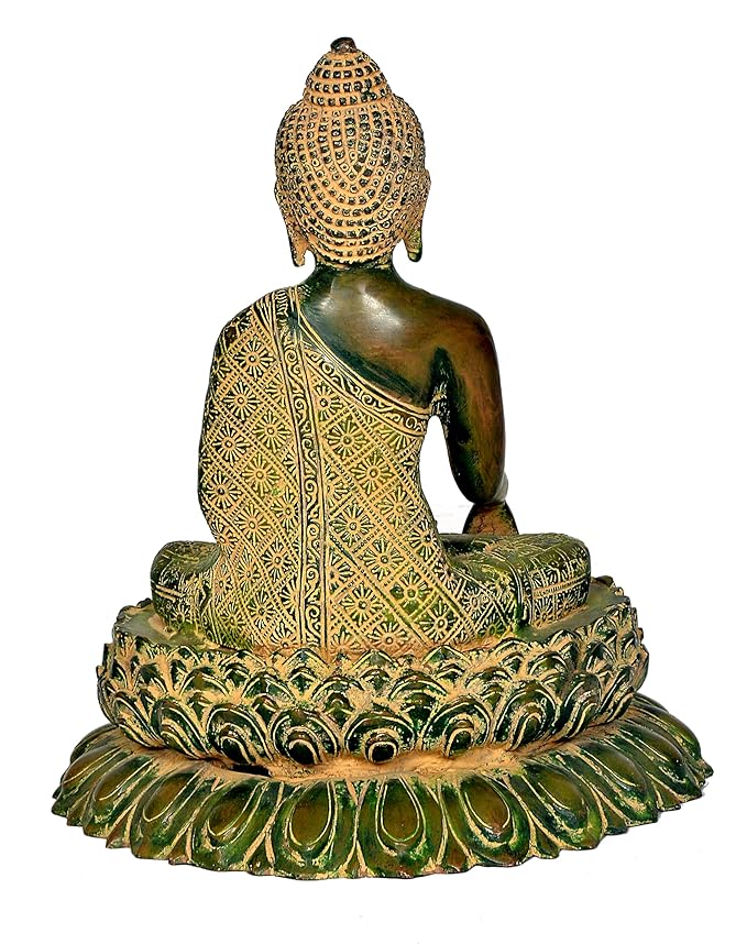 Brass Buddha Statue On Lotus Base for Home Décor | Height : 12 Inches